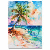Watercolor Painting of a Vibrant Palm Tree on a Tropical Shoreline with Colorful Sky and Ocean Waves on Ready to Hang 1.5" Thick Canvas Wrap, Floating Framed Canvas, Flat Rolled Canvas